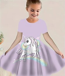 billiga -Flickor 3D Enhörnings Klänning Kortärmad Sommar Vår Semester Dagligen Helgdag Prinsessa Skön Ljuv Barn 4-12 år Vardagsklänning Knälång Normal