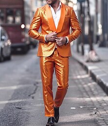 economico -Per uomo Set Blazer Palcoscenico Ricevimento di matrimonio Festa / Cocktail Moda Casual Primavera Autunno Poliestere Semplice Bottoni Tasca Confortevole Monopetto Giacca Arancione
