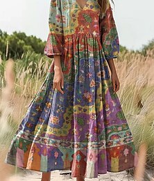 economico -Per donna Abito maxi Vestito Estivo Abito a trapezio Abito Pieghettato Vacanza Casual Boho Quotidiano Ferie Uscire Vestibilità comoda Floreale Grafico Manica 3/4 Scollo a V Giallo Viola Arancione