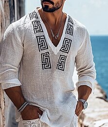 economico -Per uomo Camicia Camicia di lino Camicia popover Camicia Estiva Abbigliamento da spiaggia Camicia etnica Geometrico Vacanza Ferie Bianco Manica Lunga Scollo a V Estate Primavera Abbigliamento