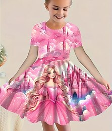 economico -ragazze' 3D Cartoni animati Abito Manica Corta Estate Primavera Vacanza Quotidiano Ferie Principessa Bello Dolce Bambini 4-12 Anni Vestito Casual Abito a trapezio Lunghezza al ginocchio Vestibilit