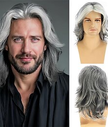 economico -parrucca da uomo grigia lunga e liscia, sintetica, resistente al calore, per travestimento e cosplay