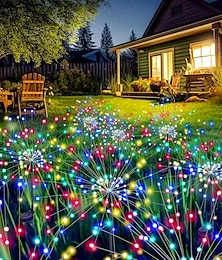 abordables -2 luces solares impermeables para fuegos artificiales al aire libre, 120 LED, para patio, jardín, camino, calle, césped, boda, festival, ambiente decorativo.