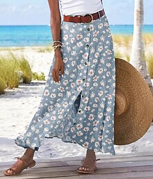 abordables -Femmes Jupe Occasionnel Boho Maxi Taille Basse Jupes Fleuri Imprimé Fendu Micro-Élastique Rue Sortir Bleu Ciel Été Polyester