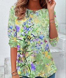economico -Per donna Maglietta Floreale Grafico Piante Elegante Vintage Classico Manica Lunga Girocollo Top Regolari Quotidiano Stampato Rosa Blu Viola Verde Estate Primavera