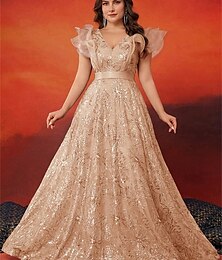 abordables -Robe A-Line Grande Taille Élégante Robe Courbe De Mariage Formelle Longue Au Sol Sans Manches Col en V En Dentelle Avec Paillettes 2025
