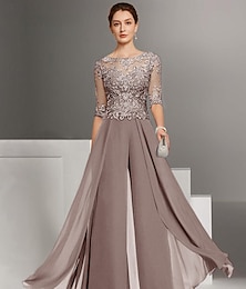 economico -Completino/pantalone a due pezzi Madre della sposa Invitata al matrimonio Chiesa Elegante Piccolo Collo bateau Lunghezza totale Chiffon Manica metà con applicazioni misura personalizzata gratuita