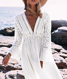 abordables -Femmes Maillots de Bain Vêtement couvrant Robes Maillot de bain Découpé Tropical Tenues de plage Uni Col en V Manches courtes Maillots de bain