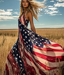 economico -Abito Maxi Patriottico da Donna Abito A-Line Abito a Slip Vacanza Casual Boho Spiaggia Fit Grafico Bandiera Vintage Senza Maniche V Collo Blu Marina Estate Primavera