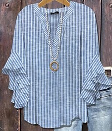 abordables -Blusa de Mujer con Mangas de Volantes Capas Estilo Floral Gráfico Rayas Diaria Elegante Casual Manga 3/4 Cuello en V Tops Regulares Diarios Uso en Vacaciones Print Blanco Azul Cielo Naranja Verde