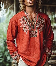 economico -Per uomo Camicia di lino Camicia popover Camicia Estiva Abbigliamento da spiaggia Camicia vintage Camicia etnica Floreale Vacanza Ferie Giallo Blu Arancione Marrone Manica Lunga Scollo a V Estate