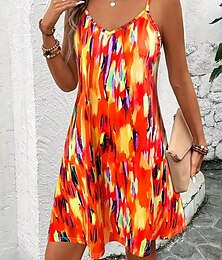 levne -Dámské Mini šaty Áčkové šaty Letní šaty Slip Dress prázdniny Na běžné nošení Běžný Grafika Barevné bloky Abstraktní Bez rukávů Do V Vodní modrá Oranžová Léto Jaro