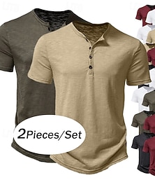halpa -Miesten T-paita Henley-paita Lyhythihainen Tavallinen Solid Color Suunnittelija Perus Moderni nykyaikainen 2-osainen Napit Monipakkaus Henley Loma Katu Kausaliteetti Kesä Musta + Musta Valkoinen