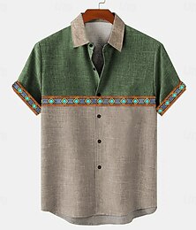 abordables -Hombre Geométrico Camisa de lino camisa hawaiana Abotonar la camisa Manga Corta Vintage Artístico Vacaciones Festivos Ropa de playa Verano Primavera Cuello Vuelto Bloque de Color Azul Piscina Verde