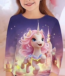 billiga -Flickor 3D Enhörnings T-shirt Långärmad Vår Höst Mode Grundläggande Barn 4-12 år Rund hals Utomhus Ledigt Dagligen Normal