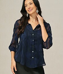 economico -camicetta da donna con bottoni e canotta floreale elegante vintage alla moda mezza manica scollo a V top normali lavoro vacanza per uscire bottoni occhiello blu navy estate primavera autunno