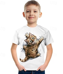 economico -Ragazzi 3D Gatto Maglietta Manica Corta Estate Primavera Moda Essenziale Bambini 4-12 Anni Girocollo All'aperto Casuale Quotidiano Vestibilità regolare