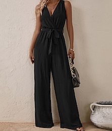 abordables -Mujer Normal Mono Ropa de calle Color sólido Sin Mangas Escote en Pico Lazo Calle Diario Ajuste regular Negro Azul Marino Azul Real Verano