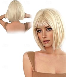 economico -Parrucca corta bionda con frangia per donna - parrucca liscia ed elegante per uso quotidiano e per feste, cosplay, Halloween e Natale