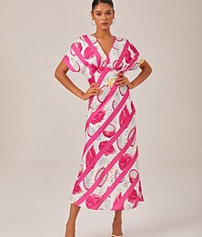 abordables -Femmes Féminin Robe Décontractée Robe Longue Maxi Robe Rose Claire Manche Courte Fruit Col en V Imprimé Été Col en V Vacances XS S M