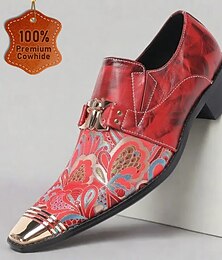 levne -Červené a zlaté kožené společenské boty pro muže se zlatým špičkovým paisley vzorem a detaily s přezkou – Stylové prémiové ideální pro formální události a zvláštní příležitosti