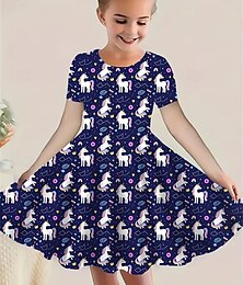 halpa -Tyttöjen 3D Yksisarvinen Mekko Lyhythihainen Kesä Kevät Loma Päivittäin Pyhäpäivä Prinsessa Kaunis Makea Lapset 4-12 vuotta Rento mekko Polvipituinen Normaali