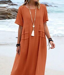 economico -Per donna Abito Midi Abiti in cotone e lino Vestito Casual Abito Estivo Classico Moderno Quotidiano Weekend Vestibilità regolare Semplice Manica Corta Girocollo Nero Giallo Rosa Blu Reale Estate