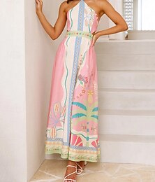 abordables -Femmes Robe Longue Maxi Robe Robes en coton et lin Robe Décontractée Mode Extérieur Soirée Fête Coupe régulière Fleur Manche Courte Col Halter Rose Claire Été