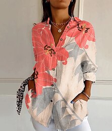 abordables -Mujer Camisa Flor Diario Elegante Básico Media Manga Escote en Pico Tops regulares Diario Festivos Estampado Rosa Naranja Gris Oscuro Primavera Otoño