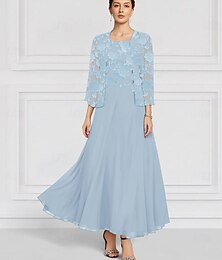 abordables -Robe mère de la mariée en deux pièces bleu ciel en dentelle florale brûlée, coupe trapèze, élégante, simple et minimaliste, col bateau, longueur au sol, en mousseline, manches 3/4 avec veste 2025