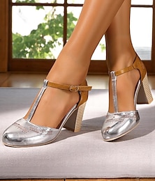 abordables -Tacones de bloque con tira en T vintage de los años 50 para mujer con cuero plateado y tostado, detalles brogue, elegantes y cómodos, perfectos para el trabajo, eventos formales y uso diario.