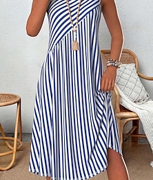 abordables -Femmes Mini Robe Robe trapèze Robe d'été Vacances Occasionnel Extérieur Sortir Plage Coupe régulière Graphique Rayé Sans manches Col ras du cou Bleu Été Printemps