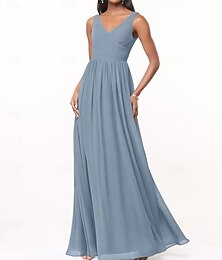 economico -Abito da damigella A-Line scollo a V senza maniche elegante lungo fino al pavimento in chiffon con plissé  arricciature