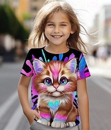 halpa -Lil Kitty by Sheena Pike tyttöjen 3D-kissapaita, lyhythihainen, kesä- ja kevätmuoti, perus, lasten 4-12-vuotiaille, pyöreä pääntie, ulkoilu, rento, päivittäin, normaali istuvuus.