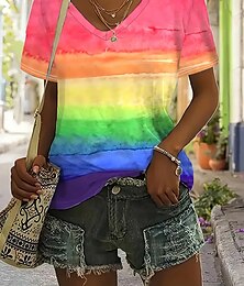 baratos -Mulheres Camiseta Tops de verão Gráfico Cores Gradiente Clássico Casual Manga Curta Decote V Tops curtos Diário Final de semana Imprimir Arco-íris Verão Primavera Outono
