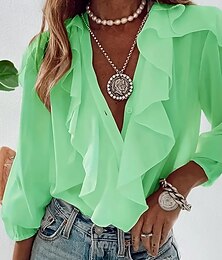 economico -Per donna Camicia Semplice Signore Manica Lunga Manica a Lanterna Colletto a Camicia Top Regolari Lavoro Quotidiano Volant Bottoni Verde primavera Verde Beige Rosa Estate Primavera