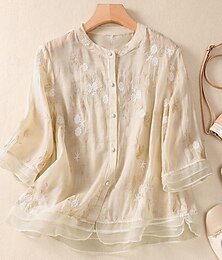 economico -Per donna Camicie di cotone e lino Floreale Vintage Casual Manica Lunga Collo Alto Top Regolari Quotidiano Ricamato Bottoni Rosso Viola Verde Albicocca Estate