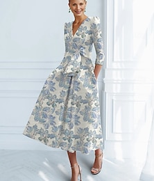 preiswerte -Jacquard Brokat Blumenkleid A-Linie Cocktailkleider Elegantes Kleid Formal Hochzeit Knöchellänge Kurzarm V-Ausschnitt Nylon mit Schleife(n) Tasche Hochzeitsgastkleid 2025
