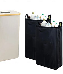 halpa -kierrätysastia keittiöön, sisätiloihin, 100 litran pyykkikori kahdella irrotettavalla sisäpussilla, bamburunko, Oxford-kangas, itsestään sulkeutuva yläaukko, sivutasku, pullojen järjestäjä,