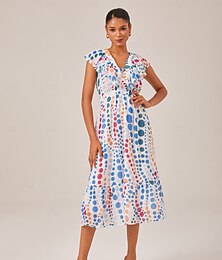 voordelige -Dames Casual jurk Regenboog Korte mouw Polka dots Ruche V-hals Vakantie XS S M