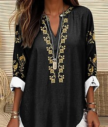 economico -Blusa Boho da donna Grafica Floreale Vintage Tropicale Manica Lunga V Neck Top Regolari Da Indossare Quotidiano Vacanze Stampa Nera Blu Khaki Estate Primavera