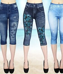 abordables -Leggings Capri pour femmes 3D Imprimés Vacances Vintage Décontracté Mi-Mollet Taille Haute Imprimé Floral Haute Coupe Confort Respirable Sèche Rapidement Élastique Extérieur Rue Quotidien Bleu Marine