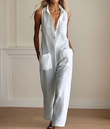 abordables -Mujer Normal Mono Ropa de calle Color sólido Sin Mangas Cuello Camisero Botones Bolsillo Calle Diario Ajuste regular Blanco Verano
