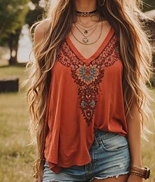 economico -Per donna Blusa Floreale Grafico Paisley Bohemien Vintage Tropicale Senza Maniche Spallina Top Regolari Quotidiano Ferie Abbigliamento mare Stampato Arancione Estate Primavera