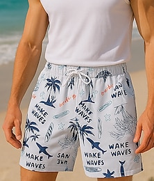 billige -Herre Shorts Strandshorts Snorer Grafisk Blad Tre Pustende Hurtigtørkende Knelengde utendørs Feriereise Hjem Ferie Etnisk stil Hvit&Blå Mørkeblå Mikroelastisk