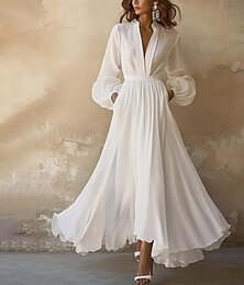economico -Per donna Abito Lungo Maxi Abito Abito Bianco Vestito a ruota Moda All'aperto Vacanza Ferie Vestibilità regolare Semplice Manica Lunga Scollo a V Bianco Estate