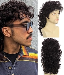 economico -Parrucche Mullet Ricce Marroni per Uomini 80s Lunghi Ricci Hippie Festa Cosplay Costume Parrucca Anime Parrucche di Halloween