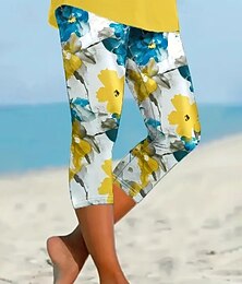 billige -Dame Capri-bukser Leggings Gatemote Fritid Kalv lengde Naturlig Blomstret Trykt mønster comfy Utendørs Bekvem utendørs Feriereise Fritid / hverdag Gul Blå Sommer Normal