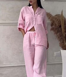 economico -Per donna Attivo Essenziale Set di biancheria in cotone Manica Lunga Colletto a Camicia Tinta unica Casual Quotidiano Nero Bianco Giallo Estate Vestibilità regolare