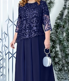 abordables -Robe A-Line Grande Taille Mère de la Mariée Robe Courbe Élégante Col Ras du Cou Longueur Cheville Dentelle Manches 3/4 avec Couleur Unie